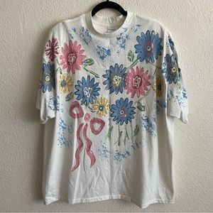 Vintage India Ink Women’s Hand Painted Wearable Art Artwear Floral White Shirt